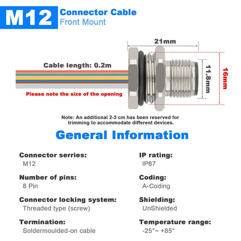 Diagram of Industrial 8 Pin M12 Sensor Cable With Unshielded Wire, A Coded, Front Mount Straight Male Connector, IP67 Waterproof, 0.2M.