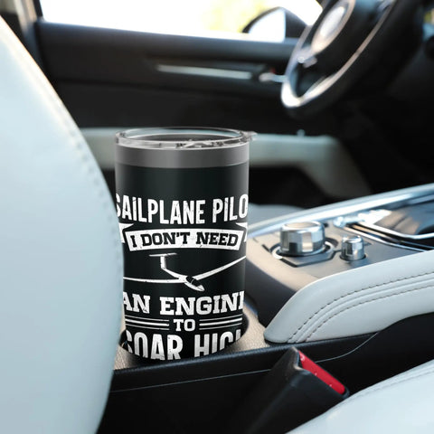 Stainless Steel Insulated Tumbler For Sailplane Lovers And Aviation Enthusiasts Keeps Cold Drinks Ice Cold Or Hot Coffee On Long Fly Days Durable Travel Mug Built For Glider Pilots And Aviation Nerds placed on car console.