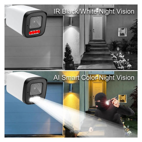 Fo Sho Crisp 4K 8MP PoE NVR Security Camera Surveillance Kit With Smart AI Face Detection Super Clarity Night Vision showing IR black/white and AI smart color night vision features.