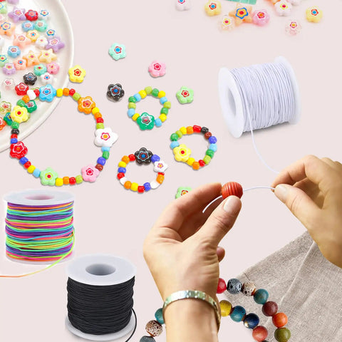 Hands using Three Rolls Of 1mm Elastic Beading String Cord, 495 Feet Total, Super Stretchy Jewelry Making Cord in black, white, rainbow.