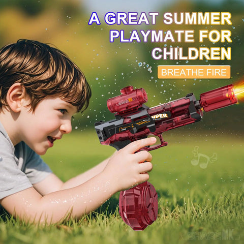 Grantley Electric Water Gun For Adults And Kids Featuring Rechargeable Automatic Squirt Blaster in use by child outdoors.