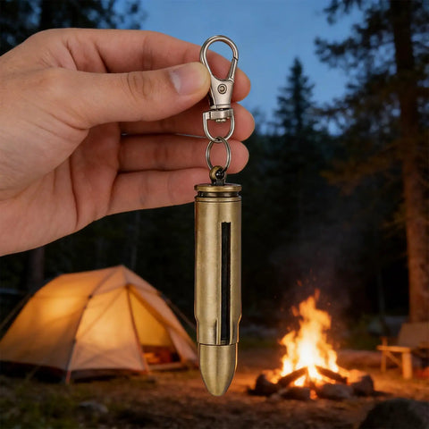Brass Permanent Match Lighter With Keychain Flint Fire Starter for camping, shown held by hand with campfire and tent background