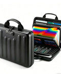 Open view of Must-Have Hard Shell Fireproof Document Organizer With Lock showing multi-color file pockets, black exterior