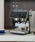 Straight Fire Dual Boiler Espresso Machine With Integrated Grinder And 58Mm Portafilter For Semi Auto Brews, stainless steel finish on countertop.