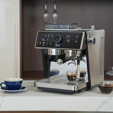 Straight Fire Dual Boiler Espresso Machine With Integrated Grinder And 58Mm Portafilter For Semi Auto Brews, stainless steel finish on countertop.