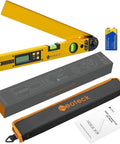 Top Shelf Heavy Duty Aluminum Digital Angle Finder With Integrated Laser Projection And Hella Precise Protractor Gauge laid out with battery and instructions.
