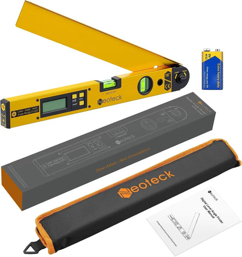 Top Shelf Heavy Duty Aluminum Digital Angle Finder With Integrated Laser Projection And Hella Precise Protractor Gauge laid out with battery and instructions.