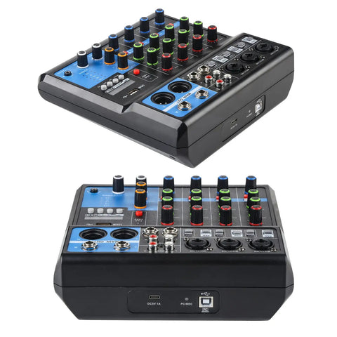 Five Channel DJ Mixer With Bluetooth USB Audio Interface And 48V Phantom Power FX Reverb And Delay Effects For Streaming Recording And Live Sets Gig Ready Desktop Soundboard With Mic Gain And Multi Interface Compatibility, top and side view