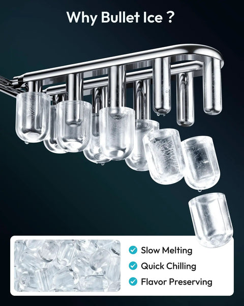 Countertop Ice Maker With Handle Portable Bullet Ice In 6 Minutes, Makes 26.5 Lbs Per Day, close-up of bullet-shaped ice cubes.