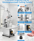 Beefy 1500W Meat And Bone Bandsaw With ETL Approved, features safety lock and adjustment knob on stainless worktable.