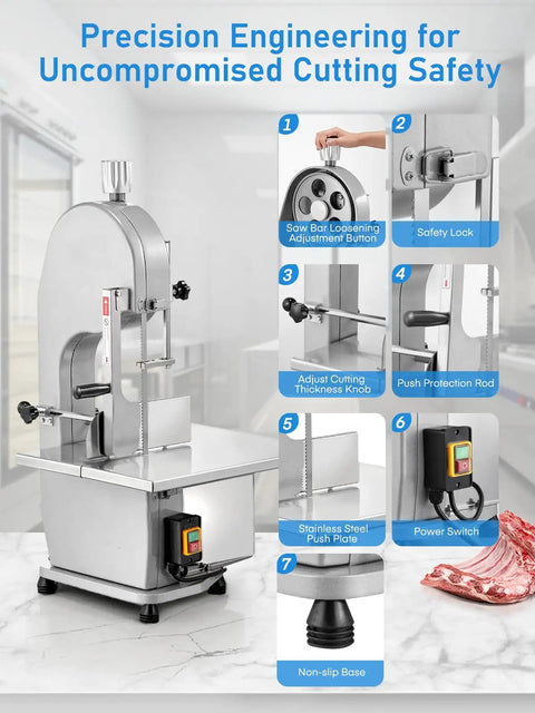 Beefy 1500W Meat And Bone Bandsaw With ETL Approved, features safety lock and adjustment knob on stainless worktable.