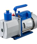 Pro Grade Hvac Vacuum Pump With Dual Mufflers For Whisper Quiet Operation And Slick 304 Stainless Steel Body Built For Hardcore Crews Demanding Rock Solid Performance On Every Job Site, featuring blue handle and ports.