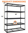 Heavy Duty 5 Tier Garage Shelving Unit With 2500 Lbs Capacity, 60 In L By 24 In D By 78 In H Metal Utility Storage Rack For Garage, Basement, And Workshop Organization, Built To Haul Tools, Bulk Supplies, And Seasonal Gear. Black metal shelving dimensions