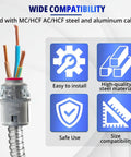 Heavy Duty Snap In Cable Connector For Metal Clad Wiring Smooth Install Zinc Conduit Fitting showing compatibility with various cables.
