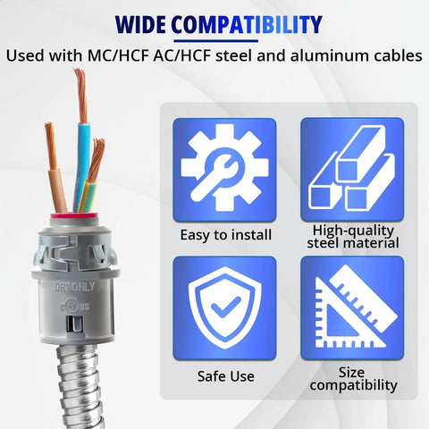 Heavy Duty Snap In Cable Connector For Metal Clad Wiring Smooth Install Zinc Conduit Fitting showing compatibility with various cables.