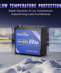 Lightweight 12V 22Ah LiFePO4 battery with LCD display and 30A BMS, shown with low temperature protection features.