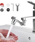 Hands using 1080 Degree Swivel Faucet Extender Aerator With Universal Splash Filter, showing dual water modes on sink.