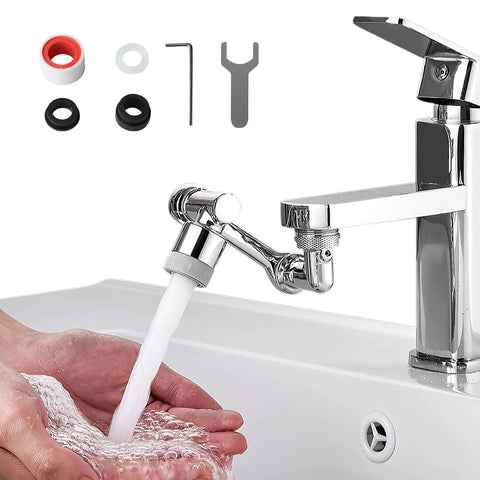 Hands using 1080 Degree Swivel Faucet Extender Aerator With Universal Splash Filter, showing dual water modes on sink.
