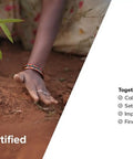 Hands planting a young tree in soil, ClimatePartner certified product description on the right side.