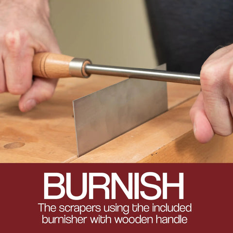 Hands using Cabinet Scraper Burnisher With Six Piece Card Scraper Woodworking Set Including Three Rectangle Scrapers on wood surface