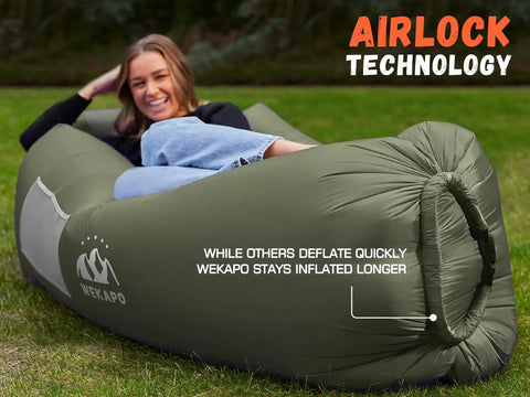 Person lounging on an olive green Wekapo inflatable lounger couch portable air sofa chair for camping, no pump needed.
