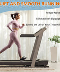 Silicone Treadmill Belt Lubricant 5 Oz Bottle for Ultra Smooth Quiet Runs used by woman jogging on treadmill in home gym