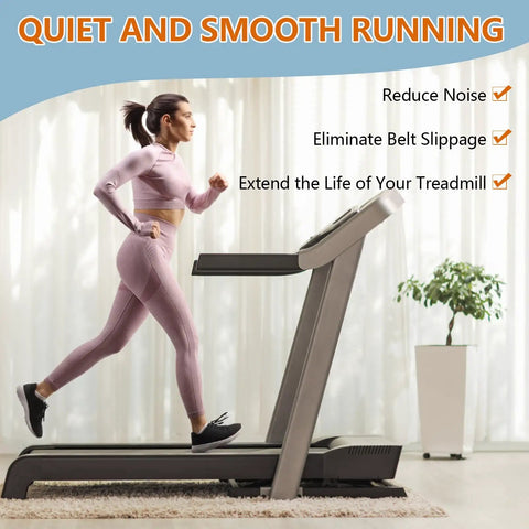 Silicone Treadmill Belt Lubricant 5 Oz Bottle for Ultra Smooth Quiet Runs used by woman jogging on treadmill in home gym