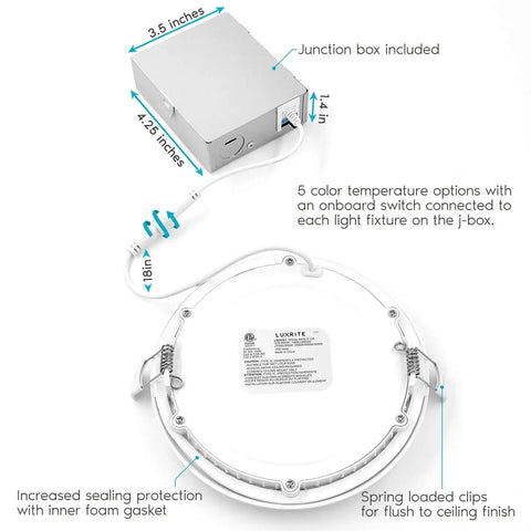6 Inch Ultra Thin LED Recessed Light With J-Box 12W Color Temperature Selectable 2700K To 5000K Dimmable Wafer Light 1000 Lumens Energy Star IC Rated 6 Pack showing junction box and sealing features.