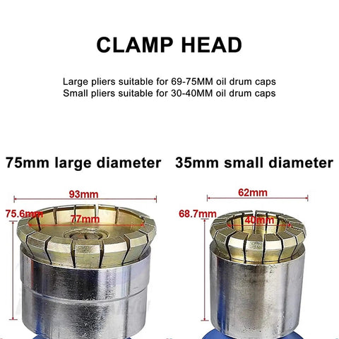 Clamp head for Heavy Duty Electric Crimping Tool For Drum Sealing Automatic Capping Machine For Oil Drums shows sizes for caps.