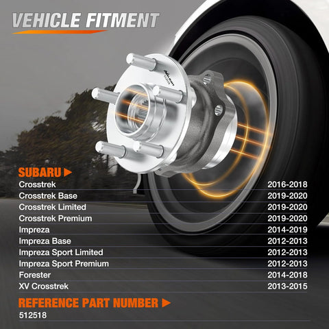 Rear Wheel Bearing And Hub Assembly 5 Lug For Subaru Forester 2014 To 2018, Impreza 2012 To 2021, Crosstrek 2016 To 2021, XV Crosstrek 2013 To 2015 OEM 512518 High Quality Replacement shown with vehicle compatibility list