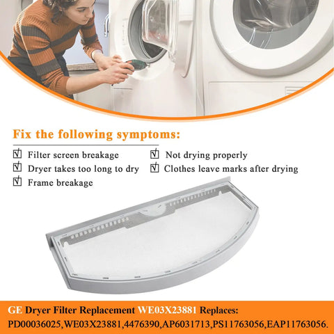 Woman using dryer with Stainless Steel Dryer Lint Filter Screen Replacement For GE Hotpoint Dryers, visible filter