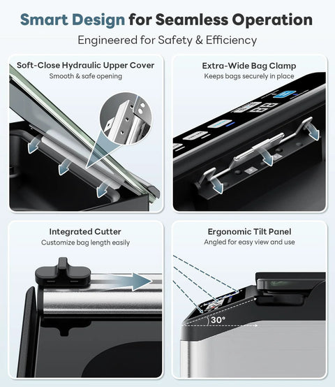 DualCore CVS101 chamber vacuum sealer infographic showing soft-close lid, bag clamp, integrated cutter, and tilt panel.