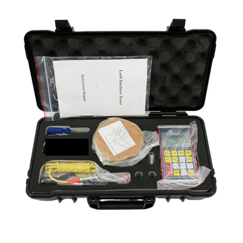 Heavy Duty Digital Metal Hardness Tester Gauge Crushes Industrial Standards For Steel Iron Bronze And Copper Testing No Fluff Just Rock Solid Accuracy Across Multiple Measurement Scales In Seconds inside a protective case with accessories and manual.