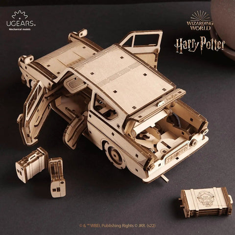 Harry Potter Flying Ford Anglia 3D Puzzle Kit For Adults With Spring Drive DIY Flying Car Model, wooden build with open doors
