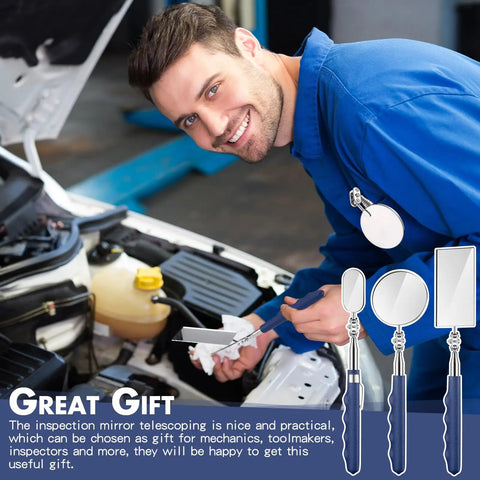 Mechanic using Three Piece Telescoping Inspection Mirror Set With Stainless Steel Handles for inspecting engine