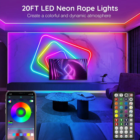 20 Foot Neon Rope Lights With App Control And Remote RGB Music Sync Flexible LED Neon Lights for colorful ambience