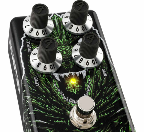 Top view of Kaiju Godzilla Distortion Pedal With Active Treble And Bass EQ Beefy High Gain Guitar Effects showing knobs and graphic.