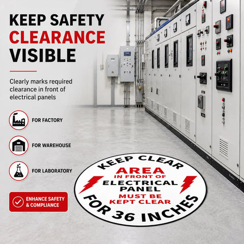 Yo Workers Need To Grab These 5 Pack 17 Inch Anti Slip Electrical Panel Clear Floor Stickers High Visibility Safety Decals on smooth warehouse floor.