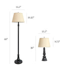 Restoration Bronze Three Piece Lamp Set With Two Table Lamps And One Floor Lamp In Tan Fabric Shades, dimensions listed.