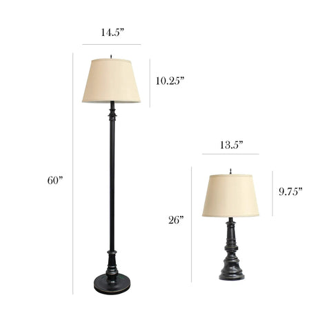 Restoration Bronze Three Piece Lamp Set With Two Table Lamps And One Floor Lamp In Tan Fabric Shades, dimensions listed.