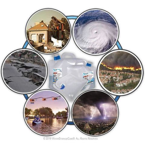 BPA Free Collapsible Water Container With Spigot For Camping And Emergencies with disaster images like hurricane and fire