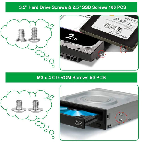 350 Piece Computer Screw Kit With Universal Motherboard Standoffs Set Dope For DIY PC Build And Repair 6-32 To M3 Standoffs Great For 2.5 Inch SSDs Hard Drives Fans Power Graphics Cards Case Mods, featuring hard drive and CD-ROM screws
