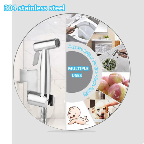 Heavy Duty Stainless Steel Bidet Sprayer Set With Adjustable Water Pressure, multiple uses displayed around sprayer image.