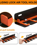 Rock Solid Wall Mount Air Tool Holder Lockable Five Slot Pneumatic Rack For Garage showing sliding lock mechanism and open/close features.