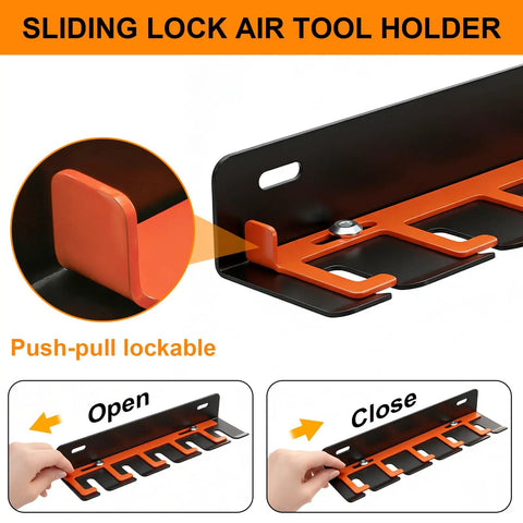 Rock Solid Wall Mount Air Tool Holder Lockable Five Slot Pneumatic Rack For Garage showing sliding lock mechanism and open/close features.