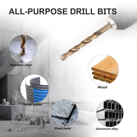 Heavy Duty Cobalt Drill Bits Set, 15 Pc M35 HSS with 135 Degree Tips for Metal, Wood, Plastic, Stainless Steel usage.