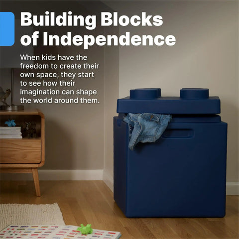 Contemporary Builders Stackable Storage Cubes Set For Kids in blue, displayed in a playroom. Modular Building Block Organizer With Open Front.