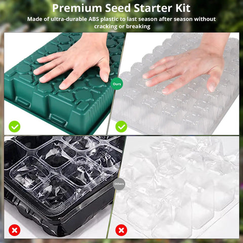 Comparison of durable seed starter tray material with clear, black, and green options for Seed Starter Tray With Grow Light Kit 80 Cells Humidity Dome 2 Pack Indoor Germination System With Adjustable Brightness For Strong Seedlings And No Fuss Transplanting.