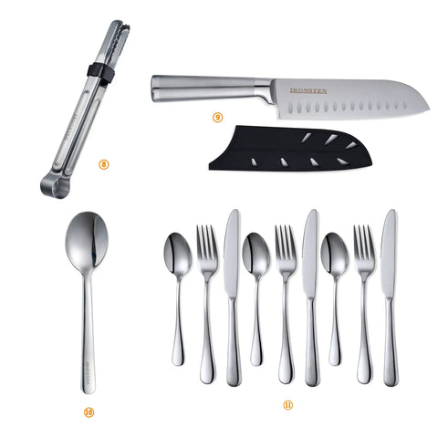 All In One Camping Cooking Utensils Set With 40 Pieces Portable Kitchen Kit For Outdoor Grilling, knife, tongs, and cutlery set visible