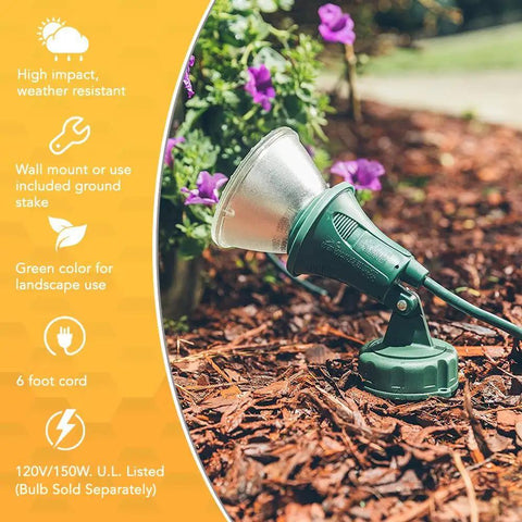 Rugged Outdoor Floodlight With Stake For Yard Security Green 6 Foot Cord 120V Weatherproof Flood Light With Impact Resistant Lens Housing And Durable All Weather Build